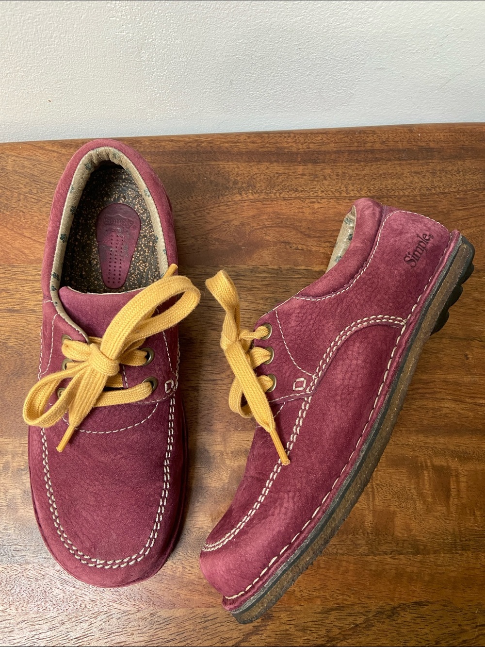Simple Burgundy Suede Shoes with Mustard Laces